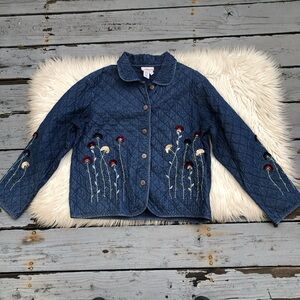Vintage Coldwater Creek Quilted Floral Embroidered Blue Chambray Jacket size PL